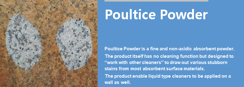 ConfiAd® Poultice Powder is a fine and non-acidic absorbent powder.
The product itself has no cleaning function but designed to “work with other cleaners” to draw out various stubborn stains from most absorbent surface materials.
The product enable liquid type cleaners to be applied on a wall as well.
